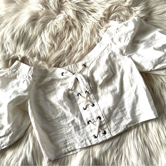 WILD FABLE•white linen peasant corset puff sleeve crop top M NWT - Picture 3 of 6